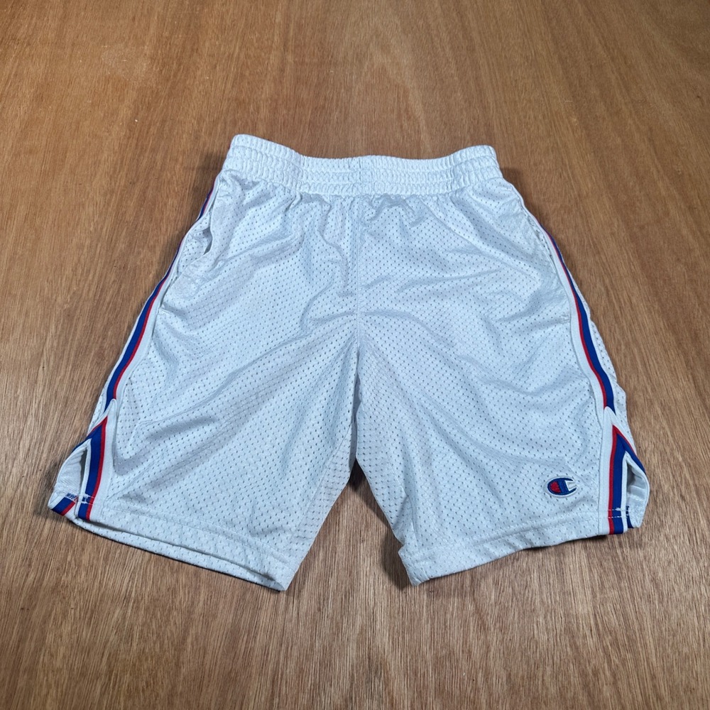 Champion Mesh Shorts Kids Small White Red Blue Stripe Athletic Basketball 8551CB